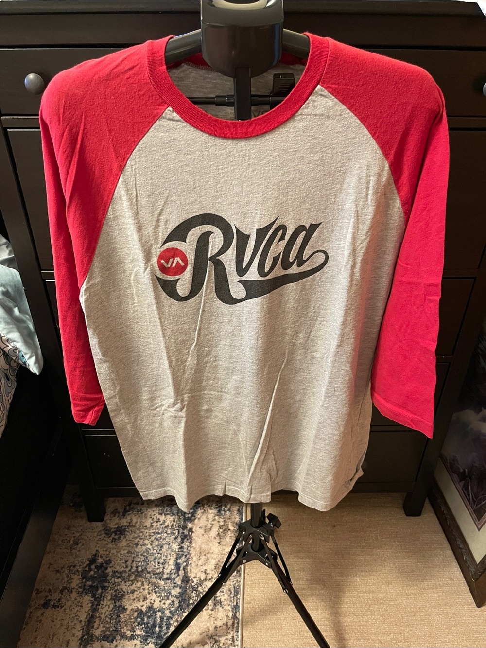 RVCA Red and Light Gray Raglan Logo Baseball Shirt
